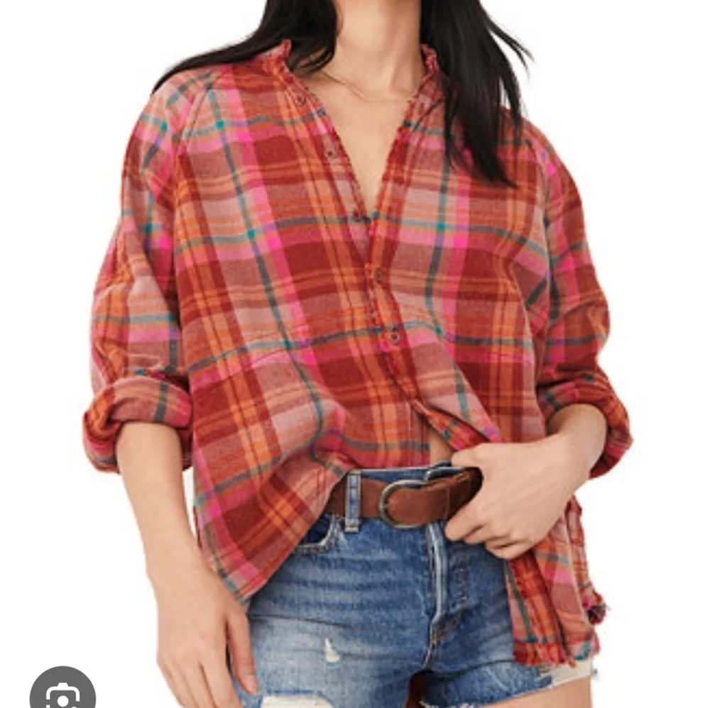 Free People Pink Red Plaid Button-Down Shirt